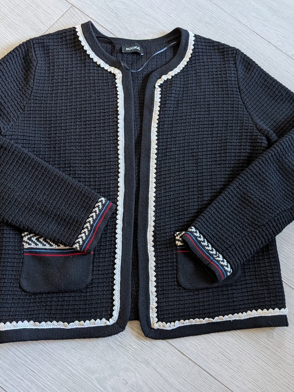 Kookai Black Textured Open-Front Jacket with Cream Trim